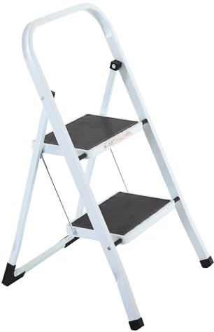 RABURG Klapp-Tritt-Leiter 2 Stufen, faltbar, Stahl, 45,5 cm, Weiß | Belastbarkeit ca. 150 kg, faltbar, Stahl, 2 Stufen, für Haushalt, Werkstatt und Renovierung