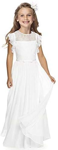 Boho Abito lungo in pizzo per bambini, in chiffon, con cintura e maniche corte, a farfalla/chic, linea ad A, per comunione, damigelle d'onore, per ragazze 2-12 anni, bianco, 10-11 Anni