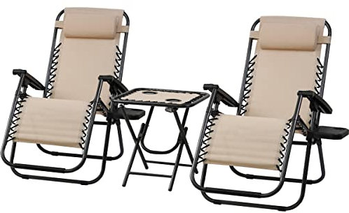 Pack 2 Tumbonas o Sillas de Exterior Plegables y reclinables con mesita para jardín, Playa, Piscina, terraza. Gravedad Zero 2 Unidades, Acero Ligero, Portavasos y Reposacabezas. Beige