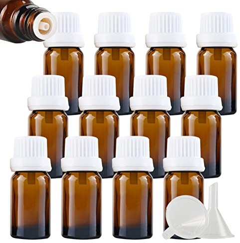 ZEOABSY 24 Stück Leer 10ml Braunglas Flasche mit Tropfmontur Originalitätsverschluss, Tropfflasche Schwarz mit Weiß Schraubverschluss Glasflaschen für Ätherisches Öle Essenzen Aromatherapie
