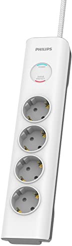 Philips SPN7040WA/10 - Regleta de 4 Enchufes Schuko, Enchufe Múltiple, Ladrón Alargador, Protección Infantil Sobretensión, Interruptor Encendido/Apagado, Cable 2 Metros - Color Blanco