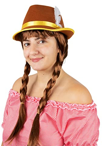 ladies Oktoberfest Bavarian Wig and Hat Set - Brown & Yellow Bavarian Hat and Brown Plait Wig - Adults Oktoberfest Fancy Dress Accessory Set