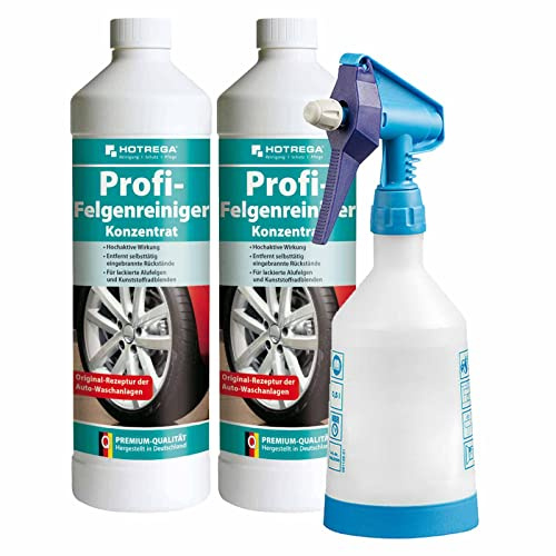 HOTREGA Profi Felgenreiniger Konzentrat 2x 1 L + 500 ml Sprühflasche | Reiniger Set für Alu- & Stahlfelgen | Gegen Bremsstaub | Profi-Qualität aus deutschen Autowaschanlagen | FKM-Dichtungen