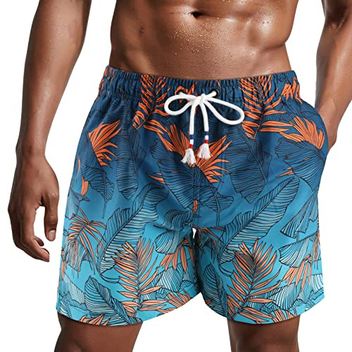 Danfiki Badshorts för herrar, badbyxor, snabbtorkande strandshorts, surfshorts, med meshfoder, tonad färg, Orange blad, XXL