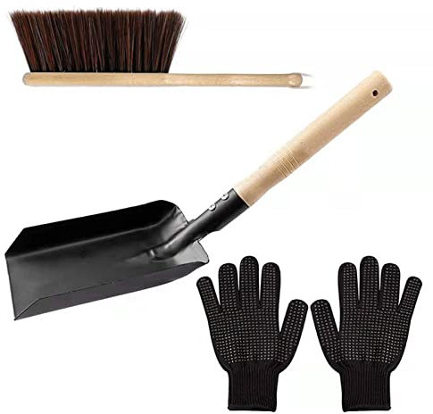 RANRAO Juego de pala y cepillo para cenizas para chimenea, juego de pala y cepillo para cenizas con guantes de nailon, herramientas de limpieza para chimeneas, estufa de leña