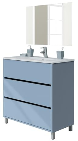 MUEBLES PITARCH | Conjunto Mueble de Baño con Lavabo cerámico y Espejo Incluido, Azul, 3 Cajones, 80cm, Ancho con Patas, Roble Cambrian, para Lavabo encastrado, Estilo Moderno Modelo Kalma