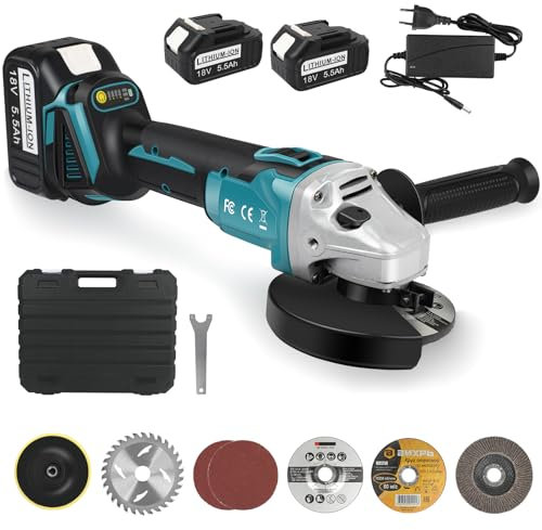 LabTEC Smerigliatrice angolare a batteria senza spazzole da 800 W, con 5 lame da taglio con 2 confezioni da 18 V, 5500 mAh, per caricabatterie per levigatura, lucidatura, taglio e affilatura