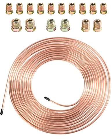 ESEWALAS Flexible Brake Line Tubing Kit,25 Feet of 3/16 Inch Copper Nickel Brake Line with 16 Fittings, Rustproof Brake Line Tubing Coil,Fits for Hydraulic Braking Systems,Fuel Systems, etc.(Gold)