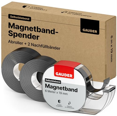 GAUDER Nastro Magnetico con Dispenser - Striscia Magnetica Autoadesiva per Oggetti Leggeri - Nastro Adesivo da Tagliare per Fissare Cartoline e Foto su Superfici Metalliche (6 m x 19 mm + 2 Ricariche)