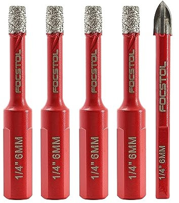 FOCSTOL Set Punte Trapano Diamantate - 4 pezzi 6mm Sega a Tazza Diamantata+1 pezzo 6mm Trapano al Carburo con Gambo Triangolare per Gres Porcellanato Ceramica Granito Marmo