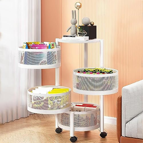 5 Stufen Multifunktions Utility Rollwagen Metallregal Badezimmerwagen Toiletten Organizer mit Rädern Feststellbare Rollen, drehbares Haushaltsregal für Küche, Wohnzimmer,Weiß,4 Tier