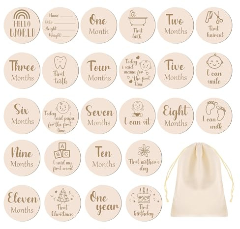 Partideal 13pcs Baby Monthly Wooden Cards 10cm Round Wooden Baby Monthly Milestone Cards and a storage bag, Baby Growth and Pregnancy Growth Cards Milestone Wooden Circles Milestone Cards-Double Sided