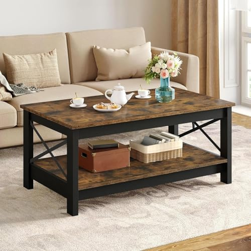 YITAHOME Couchtisch, Wohnzimmertisch, 2-stöckiger Dicker Holz Rechteckiger Couchtisch, X-Form Metal Side Support, Stabil 100x55,3x45 cm