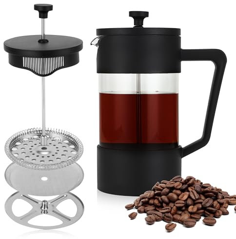 HAOYULUO French Press, Caffettiera Francese, Pressa Francese,con triplo colino e manico antiscivolo,inossidabile,perfetta per i viaggi e come regalo per la casa(Nero)