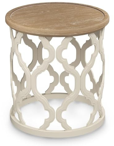 VONLUCE Farmhouse End Table, 45 cm Round French Country Side Table, Distressed Wood Tray Top Rustic Accent Table with Lipped Edge for Living Room Dining Room Bedroom, Small Space, Beige
