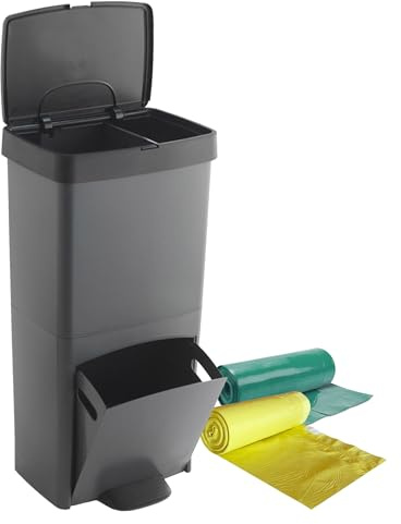 WELL HOME MOBILIARIO & DECORACIÓN Cubo de basura 70L, VERTICAL, 2 compartimentos, papelera residuos, 76 cm, INCLUYE bolsas de basura adaptadas 30+40L, Gris
