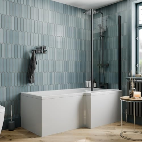 BAYSTONE 1500 x 855mm Right Hand L Shaped Shower Bath Bathtub with Front Panel + Black Framed Bath Screen