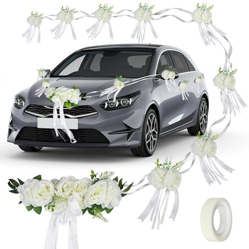 jwogngls Decoración de coche de color blanco para boda, decoración de boda, coche con ventosas, contiene 9 racimos de flores de seda, decoración de coche para bodas, recepciones, ceremonias
