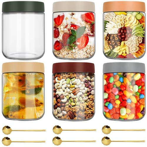 TEGOVE 6 pcs Bocaux en Verre,500ml Bocaux Bocal en Verre,Pot Yaourt,Bocaux Maçon avec 6 Cuillères Dorées,Pots d'avoine de Nuit pour Avoine de Nuit,Pudding,Confiture,Salade,Yaourt