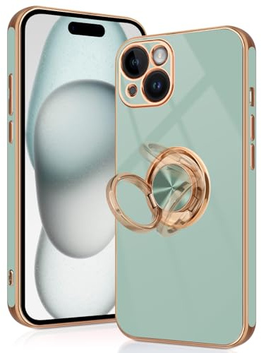 Tveinan for iPhone 15 Case with 360° Rotation Ring Holder Stand, Slim Soft Shockproof Cover with Magnetic Car Holder Flexible TPU Phone Case for iPhone 15 - Light Green