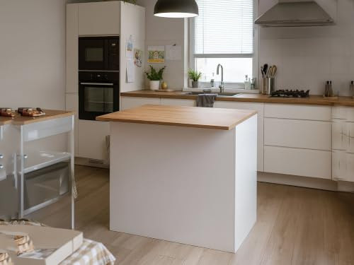 Dmora - Isola da cucina Emmanuel, Armadio multiuso, Mobile per cucinotto, Tavolo ausiliario, 100% Made in Italy, 125x90h90 cm, Bianco lucido e Rovere