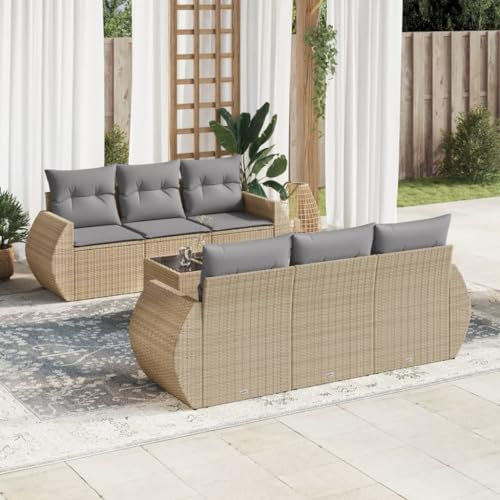 Rantry 7-TLG. Garten Sofagarnitur mit Kissen Gartensofa mit Stauraum Gartenlounge Balkonmöbel Gartenmöbel Loungesofa Sitzgruppe Rattansofa mit Gartentisch Ecksofa Gartenset Beige Poly Rattan