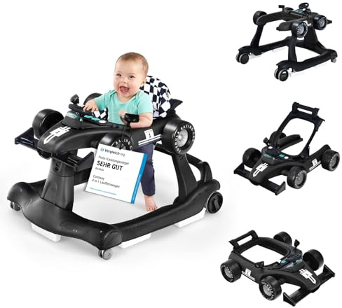 COSTWAY 4 in 1 Lauflernhilfe Autoförmig mit Musik & Licht, Schwarz | Lauflernwagen klappbar mit verstellbarer Höhe & Geschwindigkeit, Baby Walker mit Rädern, Gehfrei Baby ab 6 Monaten