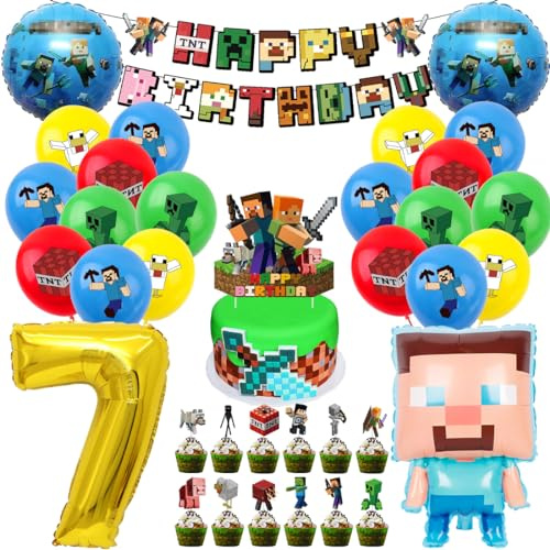 Pixel Kindergeburtstag Deko 7 Jahre, Luftballon 7. Geburtstagsdeko, 41 Stück Miner Gamer Geburtstag Party Deko, Jungen Folienballon Spiel Luftballon Happy Birthday Banner Cupcake Toppers