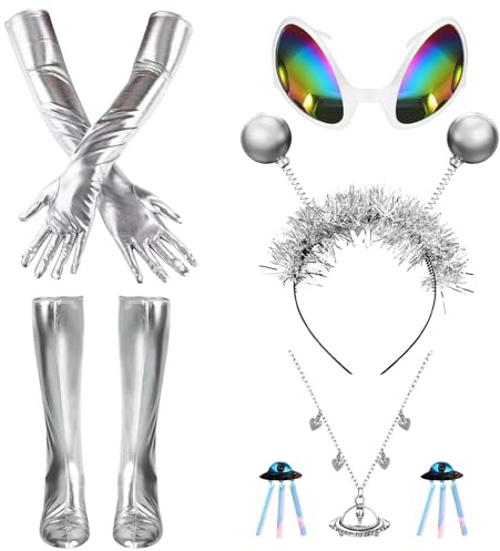 LETTERASHQP Alien Haarreif silber Haarreif Alien Silber Alien Kostüm Set Kopfschmuck Accessoire & Deko Alien Ohrringe Haarschmuck für Damen Herren & Kinder