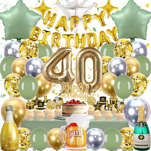 Zaztytoy 40 Geburtstag Set für Mann & Frau - 55 Teile Komplettes Partyset in Gold & Grün, Elegante Deko für Geburtstags Party, Jubiläum, Feier