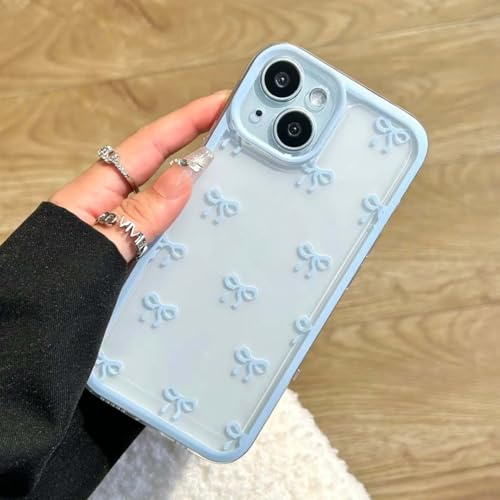 EYZUTAK Handyhülle für iPhone 15, Clear Nette Band Schleife Muster Ästhetische Transparente Telefontasche Erhöhte Kamera Schutz Stilvolle Schlanke Weiche Dauerhafte TPU Schutzhülle-Blau