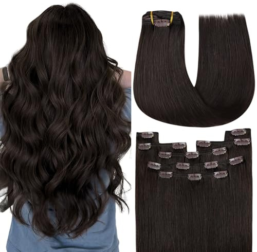 YoungSee 150g Echthaar Extensions Clip Dunkelstes Braun Clip in Extensions Echthaar Dunkelstes Braun 50cm Echthaar Clip in Extensions Dickes Haare Extensions Clip in Echthaar Remy für Damen 2