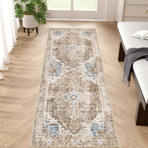 TOPICK Tapis Long Cuisine Couloir Vintage Rouge Brique 60x183cm, Tapis Interieur Entrée Salon Chambre Paillasson Floral Oriental Anti-Dérapant Lavable