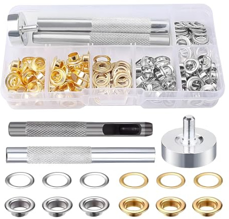 maxtachi 100 PCS Grommets Eyelets Kit Tool, 1/4 Inch Grommet Kit, Grommet Set with Hole Punch Tool, Metal Grommets Eyelets and Punch Tarpaulin Repair Kit with 3 Installation Repair Tools