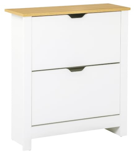 HOMCOM Scarpiera Salvaspazio Slim 2 Ante a Ribalta 72x26x80 cm Bianco | Scarpiera Ingresso, Ripiani Regolabili su 2 Livelli, Base Rialzata, Porta Scarpe per 18 Paia, Maniglia a Incavo