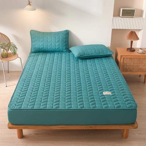 HAIBA Flauschige SPANNBETTLAKEN 200 x 220 cm + 20 cm Gesteppter Matratzenauflage blaugrün Tagesdecken sehr dick und Weiche,Matratzenauflage mit Mikrofaser-Polyester-