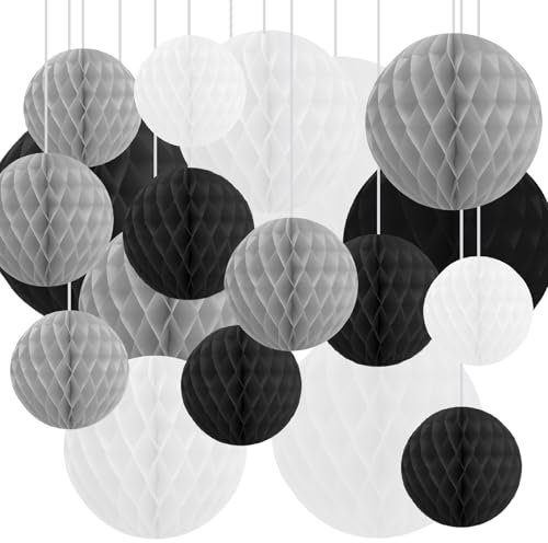 18 Pack Tissue Paper Honeycomb Balls, Poms Birthday Baby Shower Wedding Decorations (Grey Black Shade)