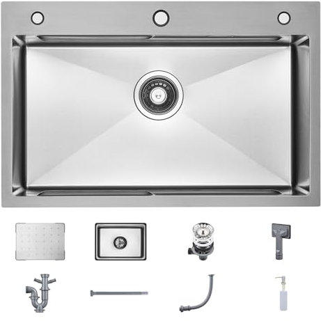 CECIPA Fregadero Cocina 1 Seno 70x45 CM, Fregadero de Acero Inoxidable con Dispensador de Jabón, Fregadero con Sifón y Juego de Desagüe, Fregadero Cocina con Lavello Mobile e Tagliere, Cepillado