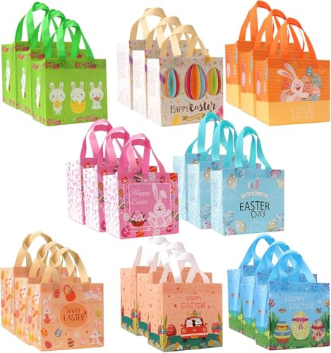 Sacchetti Pasqualicon, 24 Pezzi Sacchetti Pasqua per Bambini, Sacchetti Regalo Pasquali con Manici, Riutilizzabili non Tessuto Sacchetti Regalo Pasquali per Caccia, Caccia Alle Uova di Pasqua e Feste