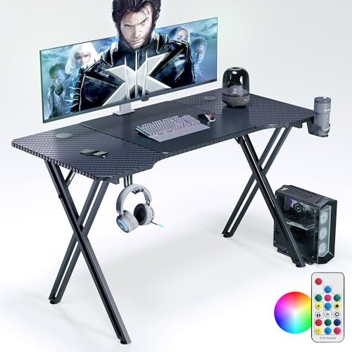 YUENFONG 120x60x73cm Schreibtisch, Computertisch X Füß Tisch, Groß Gaming Tisch PC Ecktisch, für zu Hause, Gaming, Schwarz, Ohne Monitorständer, Ohne LED