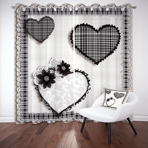 Love Heart Plaid Vorhang 2er Set 118x138cm Wärmeisolierte Verdunkelungsvorhänge mit Ösen für Schlafzimmer Wohnzimmer Anti Kälte Schwarz und Weiß Büffel Plaid Design Ideal für Kinderzimmer