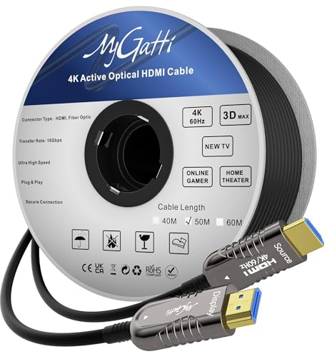Mygatti 4K HDMI Glasfaser Kabel 50 Meter,HDMI Optisches Kabel 2.0,4K@60Hz 18Gbps High Speed UHD Fiber Optic,4:4:4 RGB,Gehäuse aus Zinklegierung,schlankes -Außendurchmesser:4.8mm