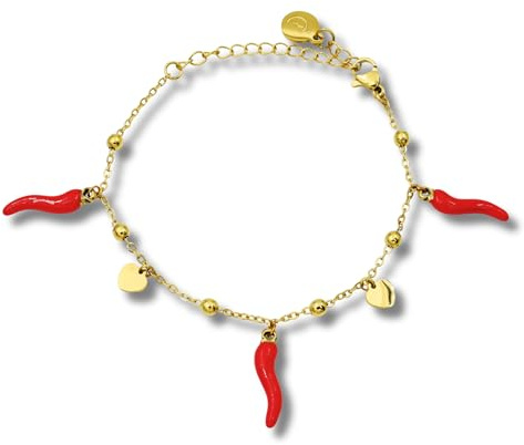 LA CORNE ITALIENNE Bracelet Amore Femme Chaîne perlée en Acier Argenté Corne et cœur en Acier (Doré)