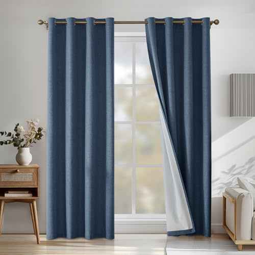 CYCMACO Tende Per Interni Lino 2 Pezzi, 140x280cm, Tenda Termica Isolante Freddo E Caldo, Tende Insonorizzanti, Moderne Coprente Tenda Con Anelli, Per Soggiorno Camera Da Letto, Blu Scuro