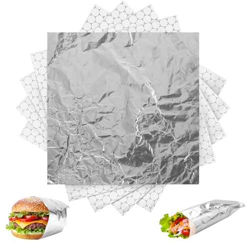 60 Packs Insulated Foil Sandwich Wrap Sheets 12x12 Pre-Cut Aluminum Foil Wrap Sheets Sandwich Wrapper Greaseproof Waterproof Food Wrapping Paper for Sandwiches Burritos Hanburger Hot Dogs BBQ