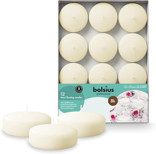 Bolsius - Velas flotantes Maxi - Marfil - 12 piezas en una caja - Ø 7,6 cm - Tiempo de combustión 8 horas - Sin fragancia - Cera de parafina - Vela flotante XL - Varias ocasiones - sin aceite de palme