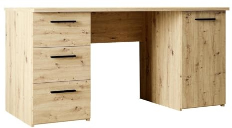 Forte NET307 Schreibtisch 140, moderner Schreibtisch mit 3 Schubladen und 1 Schranktür, Holzwerkstoff, Artisan Eiche Holzdekor, 138,2 cm breit x 75,3 cm hoch x 60 cm tief