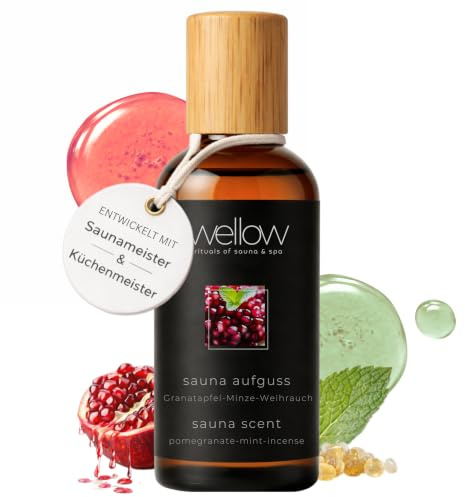 wellow® Sauna Aufguss Granatapfel-Minze-Weihrauch – 100 ml Konzentrat mit ätherischen Ölen – fruchtig-mystisches Aroma – hochkonzentriert & ergiebig, Made in Germany
