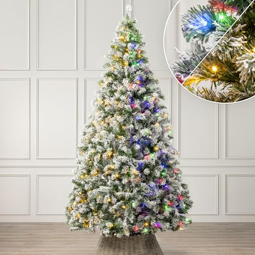 Christow Pre-Lit Flocked Chamonix Spruce Christmas Tree, 8ft | Dual-Colour LED Lights, Warm White to Multi-Colour, 11 Light Modes – Colour Changing, PE & PVC Tips, Mains Powered with Timer