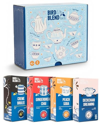 Tea Gift Box with Bestselling Flavours | 4 x 15 Biodegradable Teabag Gift Packs | Crème Brûlée, Gingerbread Chai, Peach Soda & Deckchair Dreaming
